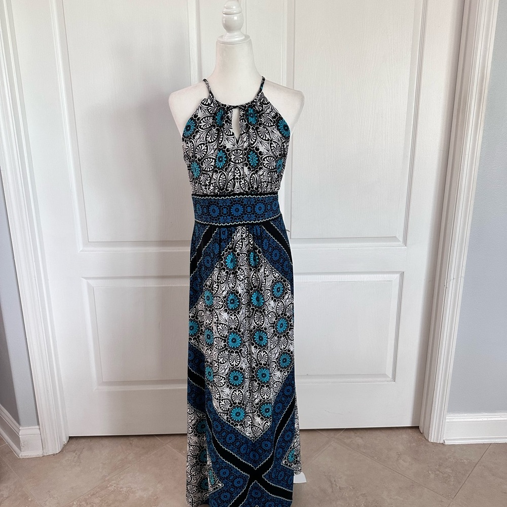 London Times Blue Halter Sheath Maxi Dress